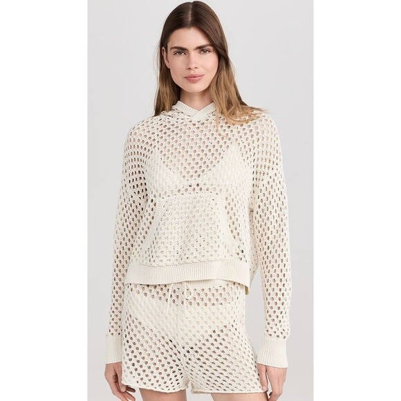 SWEATY BETTY London~Beachside Crochet Hooded Cream BOHO Top US 10 - Picture 1 of 9